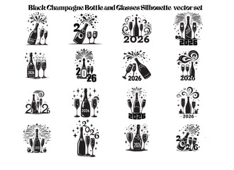 2026 New Year Champagne Bottle and Glasses Silhouette Vector for Celebration Designs