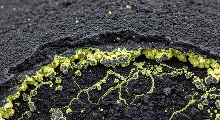 Close-up volcanic rock texture with vivid yellow sulfur deposits, abstract background for geology and natural science themes