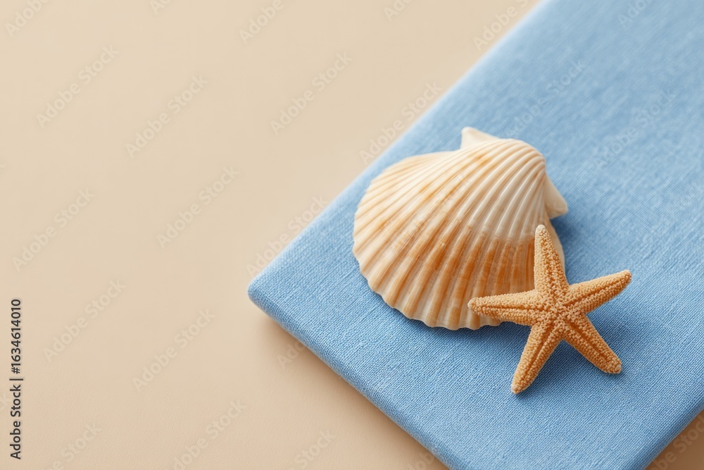 Poster delicate seashell and starfish resting on soft fabric create ser