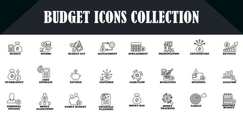 Budget icons set in outline style on white background. Including budget, income, budget cut, presentation, savings, revenue, money bag and more icons. Budget icon set for business use