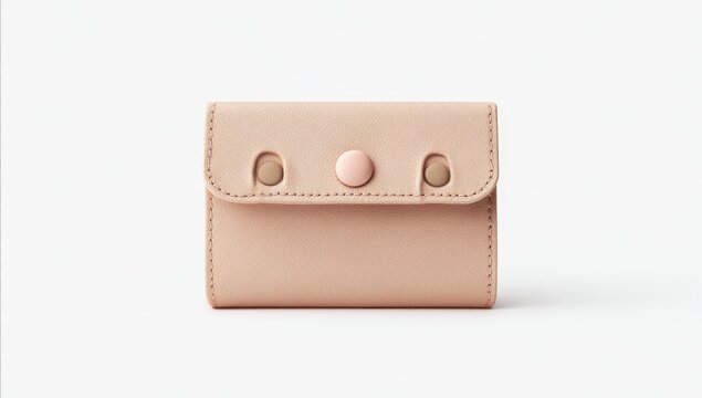 Compact blush-pink leather wallet with a flap closure, secured by three small pastel buttons; minimalist design