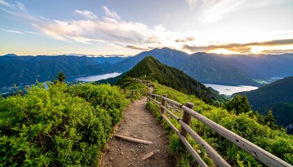 A scenic mountain landscape featuring a winding trail, lush greenery, and a serene lake under a colorful sunset sky.
