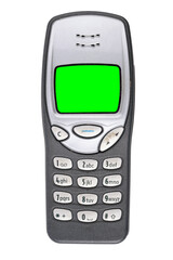 Classic mobile phone from the early 2000s with green screen isolated on white background.