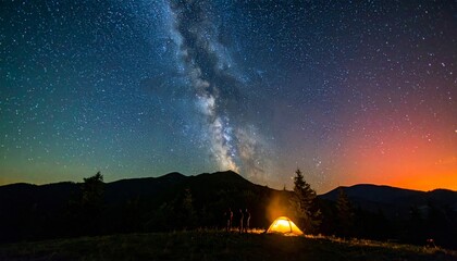 A serene night sky filled with stars, showcasing the Milky Way above a glowing tent in a tranquil mountainous landscape.