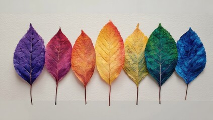 Fototapeta premium A row of colorful autumn leaves, each painted in a different hue of the rainbow, 