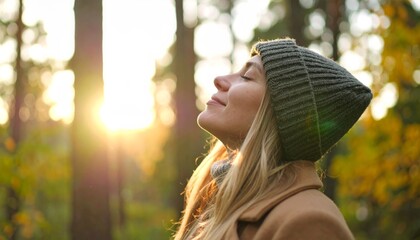 A serene woman in a knitted hat enjoys nature, basking in the warm glow of sunlight filtering through trees.