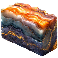Fototapeta premium A striking geological specimen showcasing layered agate with vibrant orange purple and blue hues exhibiting intricate banding and crystalline formations isolated on transparent background