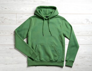 Fresh Green Hoodie on Wooden Surface: A fresh green hoodie is laid out on a light-colored wooden surface. The comfortable clothing is ideal for leisure or everyday wear.