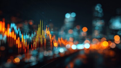 Digital Data Visualization with Colorful Graphs and Lights in Dark Night Scene