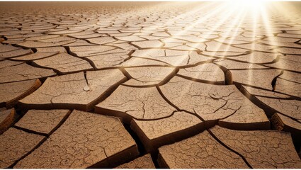 A cracked earth landscape under the intense sun with a dry and barren ground texture visible closely