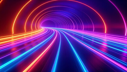 A vibrant, futuristic tunnel illuminated by neon lights, creating a dynamic sense of movement and depth.