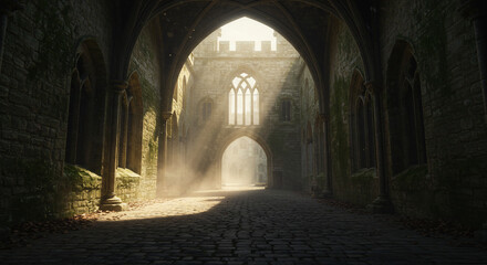 Fototapeta premium Sunlight streams through the archway of an old stone building casting a warm glow on the cobblestone path