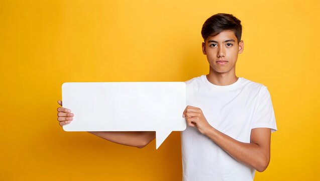 Young asian man holds a blank white speech bubble against a vibrant yellow background