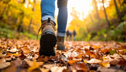 A person walks on a leaf-covered path in autumn, with warm sunlight filtering through trees, creating a tranquil outdoor atmosphere.
