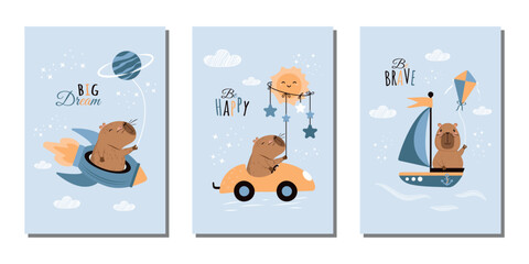 Fototapeta premium A set of beautiful, children's templates for birthday invitations, parties, covers, and banners with funny capibaras on a rocket, a car, or a ship. Vector illustrations.