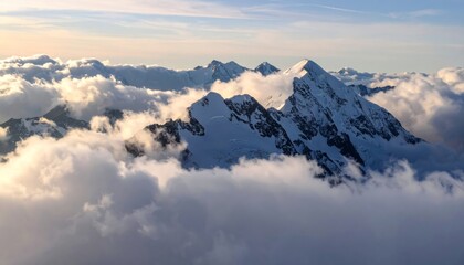 A breathtaking view of snow-capped mountains emerging from a sea of clouds under a clear sky, capturing the essence of natural beauty.