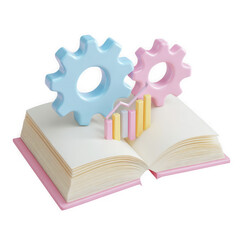 3d illustration of open book with gears and bar chart isolated on transparent background