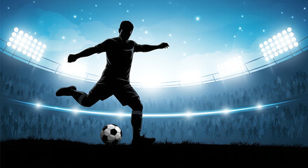 Silhouette of a soccer player kicking a ball in a stadium at night with bright lights