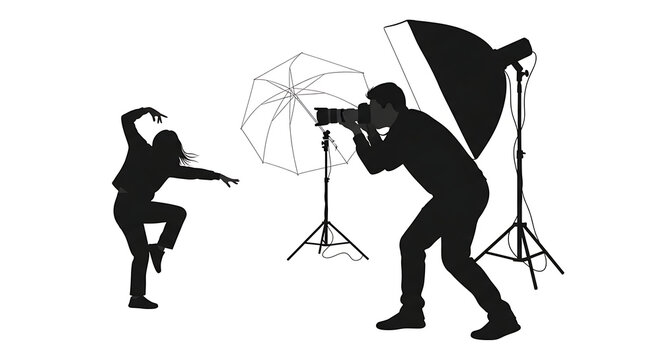 Silhouette of a photographer taking a picture of a model with studio lighting equipment
