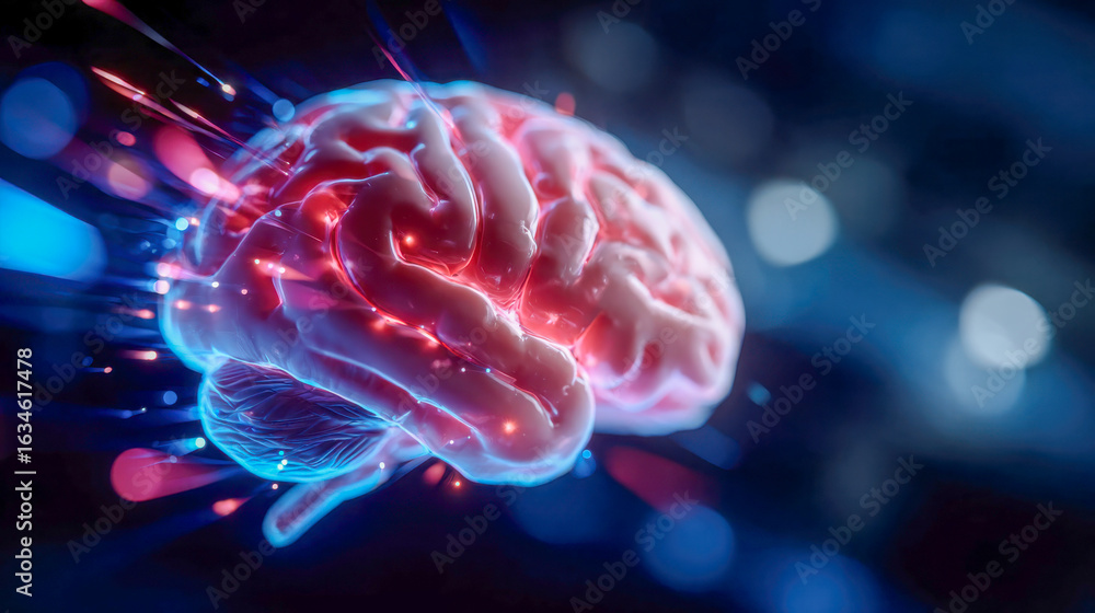 Poster a glowing human brain model is surrounded by dynamic light streaks, symbolizing neural activity and 