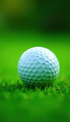 Obraz premium Perfectly dimpled golf ball sits on vibrant green, blades, ball, green