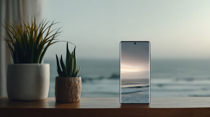 stylish smartphone rests on clean wooden desk displaying vivid weather projection