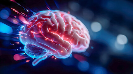 Fototapeta premium A glowing human brain model is surrounded by dynamic light streaks, symbolizing neural activity and advanced cognitive processes