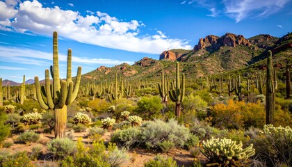 A breathtaking desert landscape featuring towering cacti, vibrant shrubs, and distant mountains under a blue sky with scattered clouds.