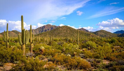 A vast desert landscape featuring tall cacti, rugged mountains, and a bright blue sky with fluffy clouds.