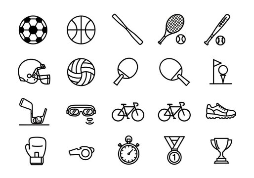 Sports equipment icons, soccer ball, basketball