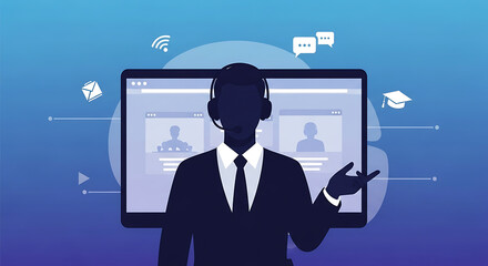 Illustration of a businessman in a headset presenting in front of a computer screen with video conferencing icons on a blue gradient background.