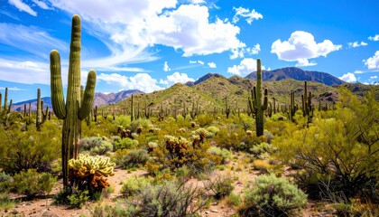 A vibrant desert landscape featuring towering cacti and rugged mountains under a bright blue sky with scattered clouds.