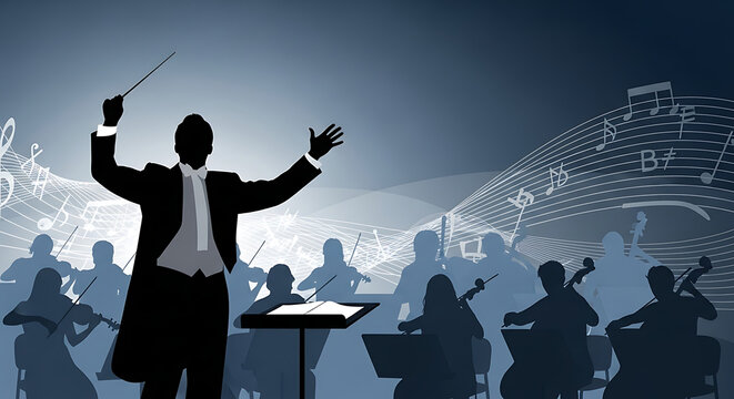 Silhouette of a conductor leading an orchestra with musical notes in the background
