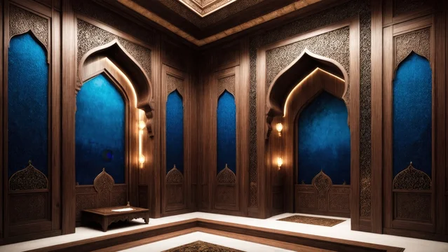 Ornate Arabesque Woodwork in Elegant Sapphire Setting
