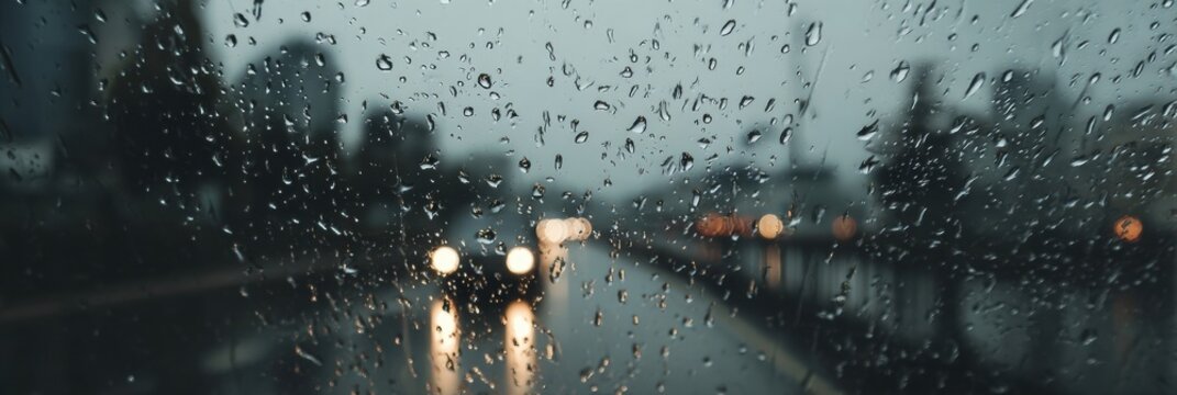 Rainy Evening City Drive With Blurred Lights and Water Droplets on the Windshield