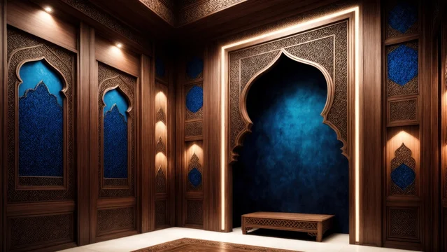 Luxury Islamic Decor with Sapphire Accents and Carved Wood