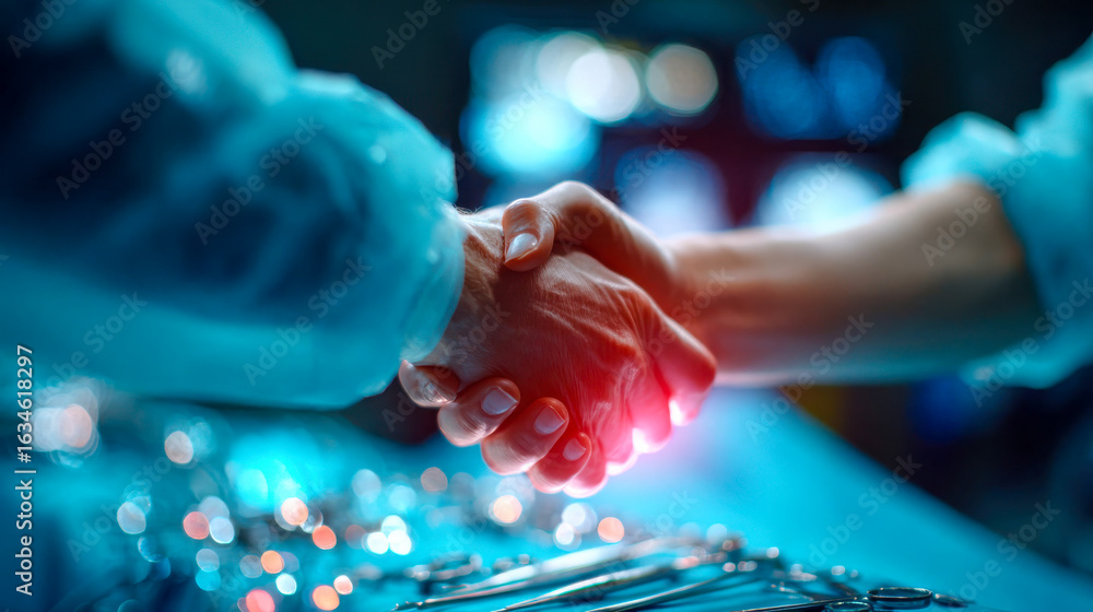 Poster close-up handshake between surgeons over an illuminated operating table with surgical instruments, s
