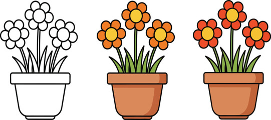 A charming graphic illustration featuring a collection of flower pots with blooming flowers in various styles.