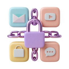3d illustration of digital security and privacy concept with locked app icons isolated on transparent background