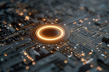 Circuit board with glowing central circle