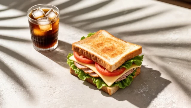 Bright Overhead Scene with Iced Drink and Crisp Sandwich