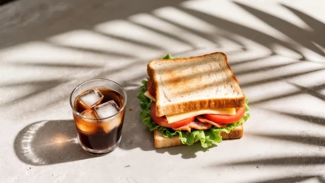 Fresh Sandwich and Iced Coffee with Palm Leaf Shadows