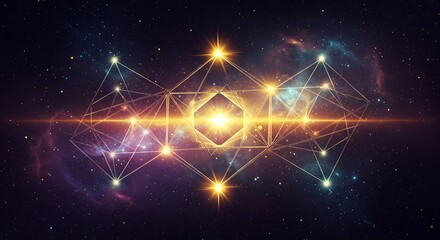 Stunning geometric shape glows against a vibrant cosmic nebula background, radiating light and energy