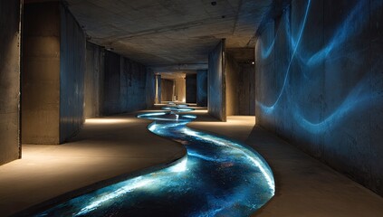 Concrete tunnel with a glowing blue river