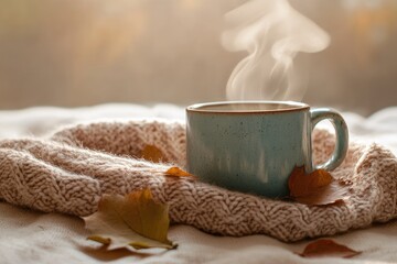 A cup of hot coffee rests on a knitted scarf on a bed
