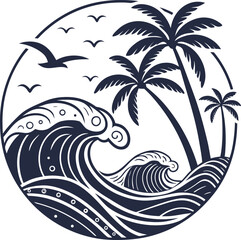 Vector illustration of a tropical island beach with palm trees, a dolphin, and a blue ocean wave pattern © Asha Moni