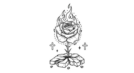 Fototapeta premium Minimalist Vector Illustration of Rose Flame with Cross and Cracked Ground in Black and White Style