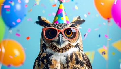 A happy owl wearing a party hat and cool sunglasses looks directly at the camera as colorful confetti falls in a bright studio setting, capturing joyful excitement and festive celebration vibes
