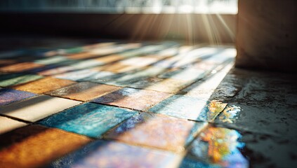 Naklejka premium Sunlight streams onto patterned floor tiles