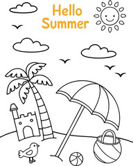 Hello Summer Doodle with Beach Elements. Black and White Summer Scene Illustration. 